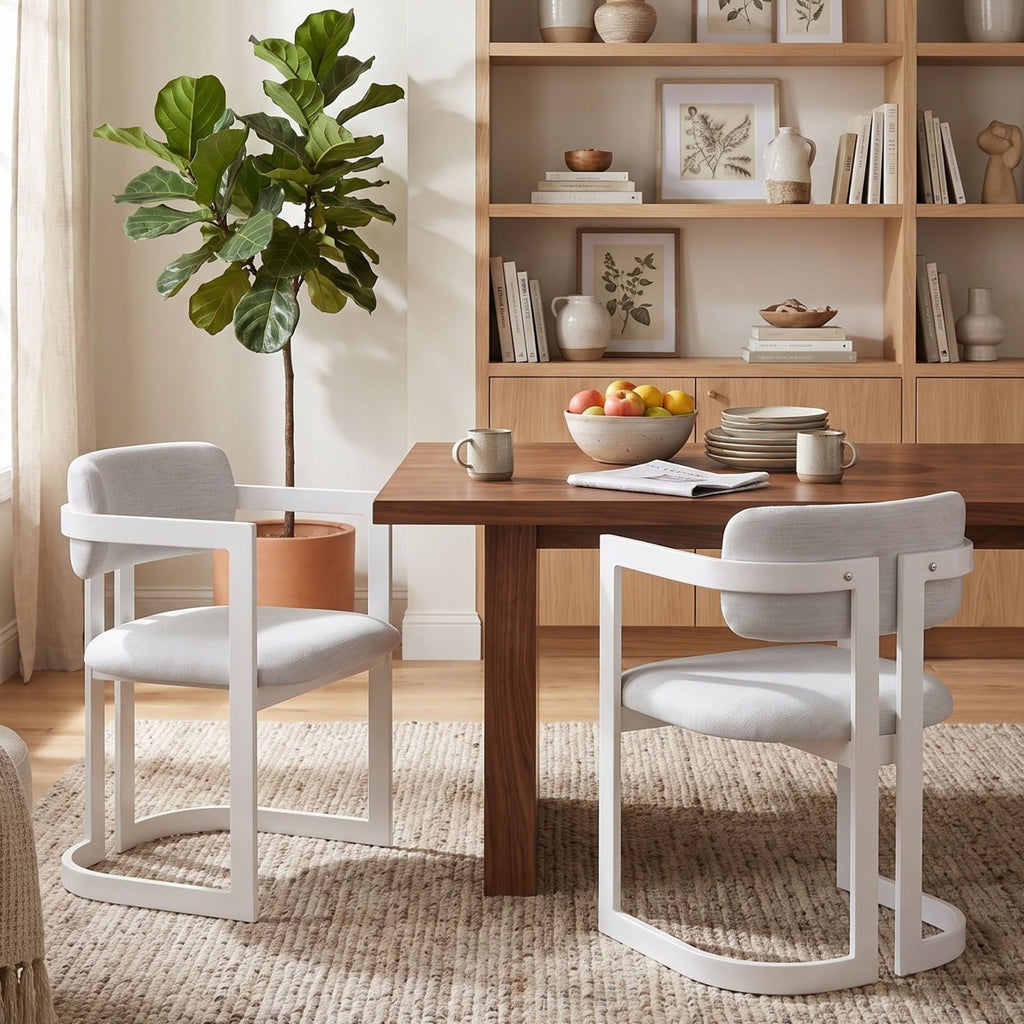 Upholstered Dining Chairs Set of 2, Fabric Armchairs with Beige Seating White Metal Frame, 265 LBS Weight Capacity