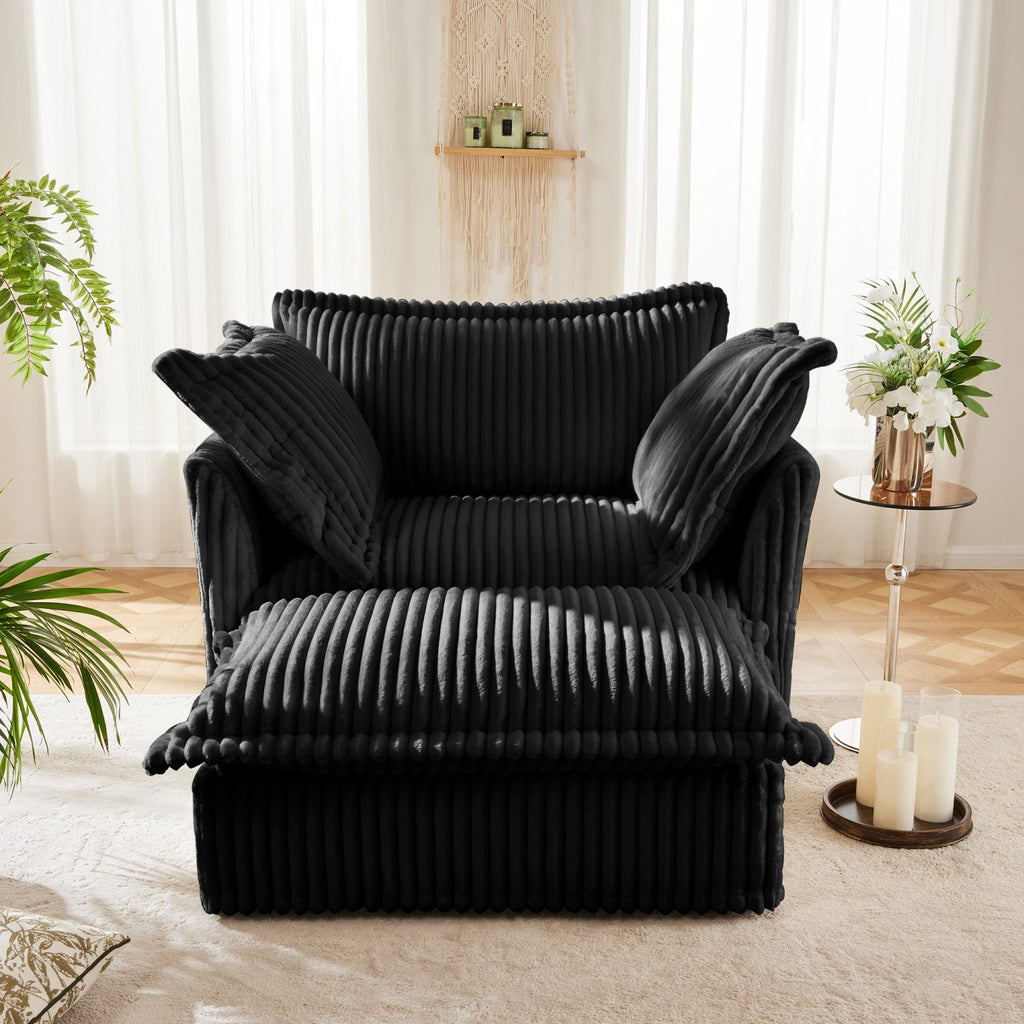 Upholstered Slipcovered Armchair with Ottoman, Deep Seat Armchair W/ Wide Ottoman for Living Room, Armchair Sets with Large Soft Pillows(Set of 2), Black Corduroy Fabric