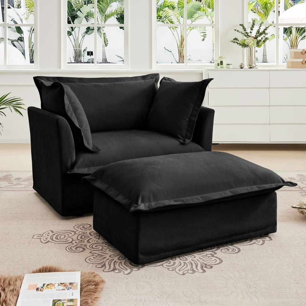 Upholstered Slipcovered Armchair with Ottoman, Deep Seat Armchair W/ Wide Ottoman for Living Room, Armchair Sets with Large Soft Pillows(Set of 2),Chenille Fabric,Black