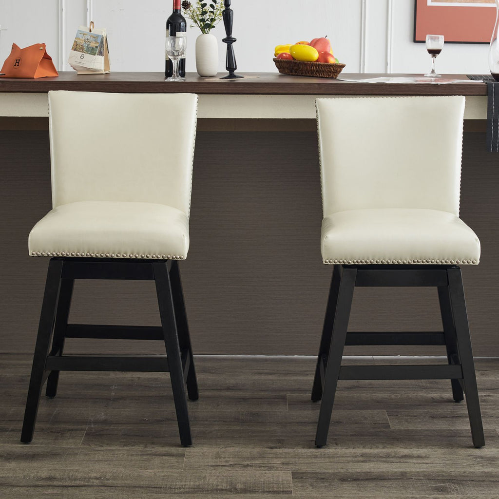 Upholstered Swivel Bar Stools Set of 2, 26" Counter Height Modern PU Leather High Back Counter Chairs with Nailhead Trim and Wood Frame, Kitchen Island, Home Bar, Dining Room, Cream White