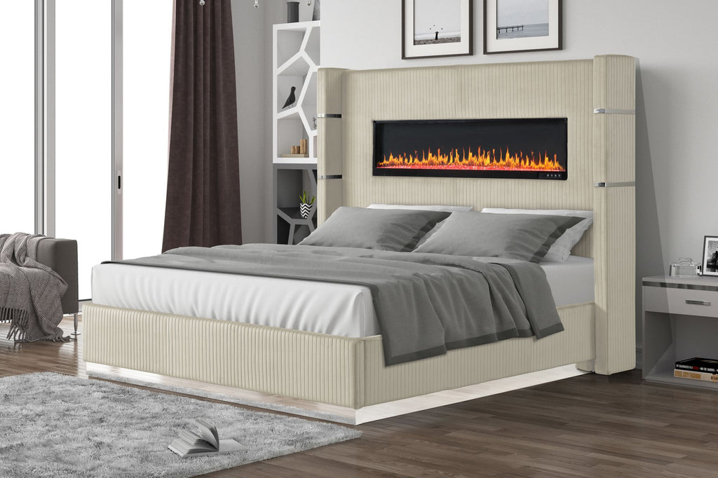 Upholstery Wooden Queen Bed with Ambient lighting in Beige Velvet Finish