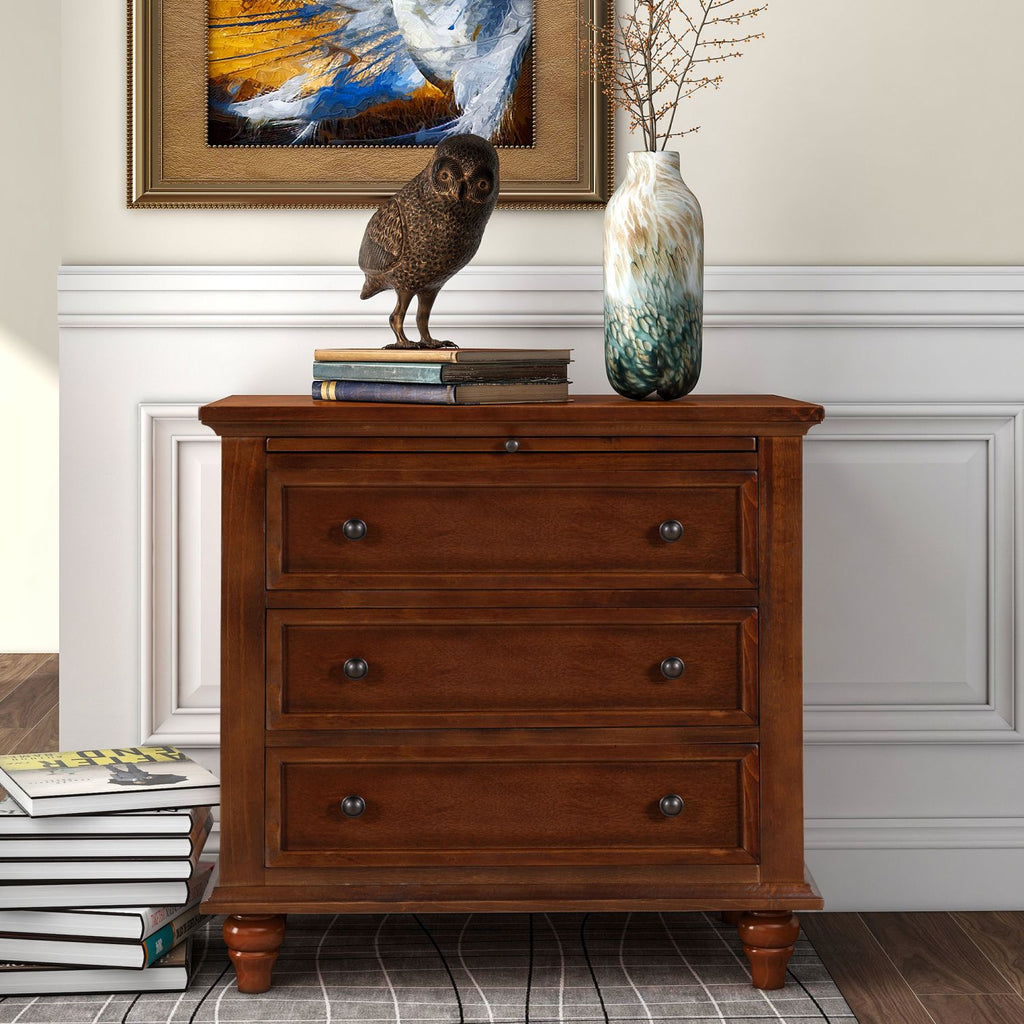 U_STYLE 27.6''Nightstand with Pine Wood veneer , Fashion Bedside Cabinet with 3 Drawers and pull-out tray, Minimalist Sofa Side Table with rubber legs and Metal handle for Bedroom Sofa Couch Office