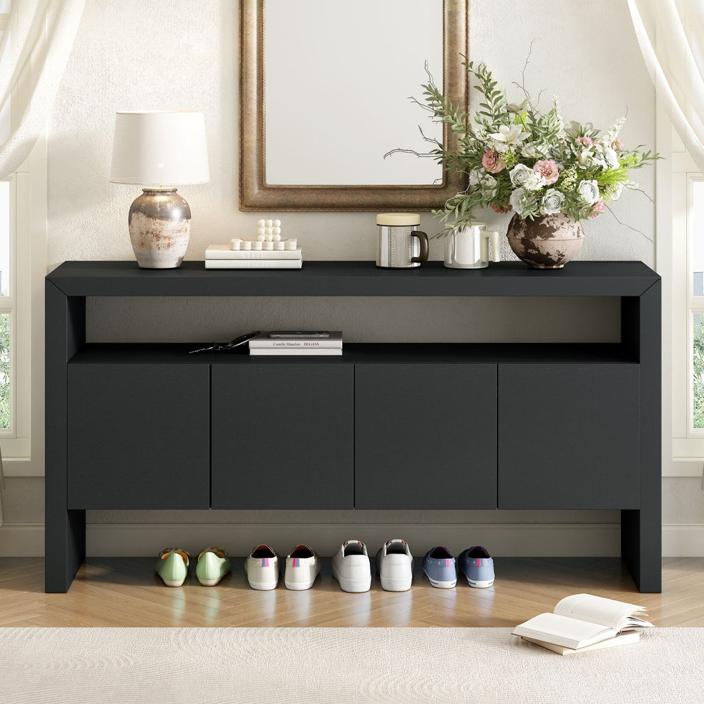 U_Style 60" 4-Door Sideboard, Modern Minimalist Solid Wood Veneer Sideboard with Open Shelf, Natural Wood Grain, Large Capacity Storage Console for Living Room, Hallway, Dining (Black/Natural)