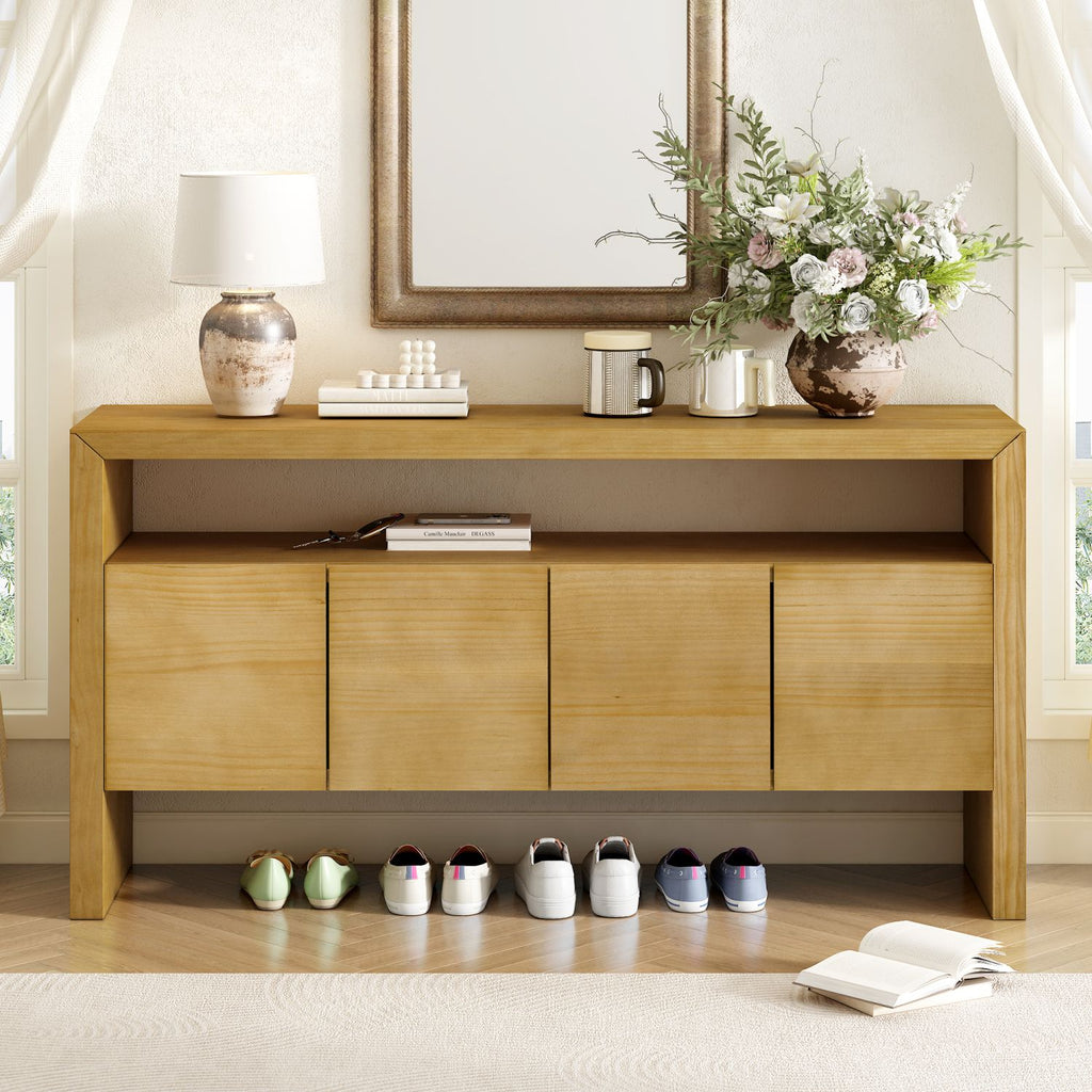 U_Style 60" 4-Door Sideboard, Modern Minimalist Solid Wood Veneer Sideboard with Open Shelf, Natural Wood Grain, Large Capacity Storage Console for Living Room, Hallway, Dining (Black/Natural)
