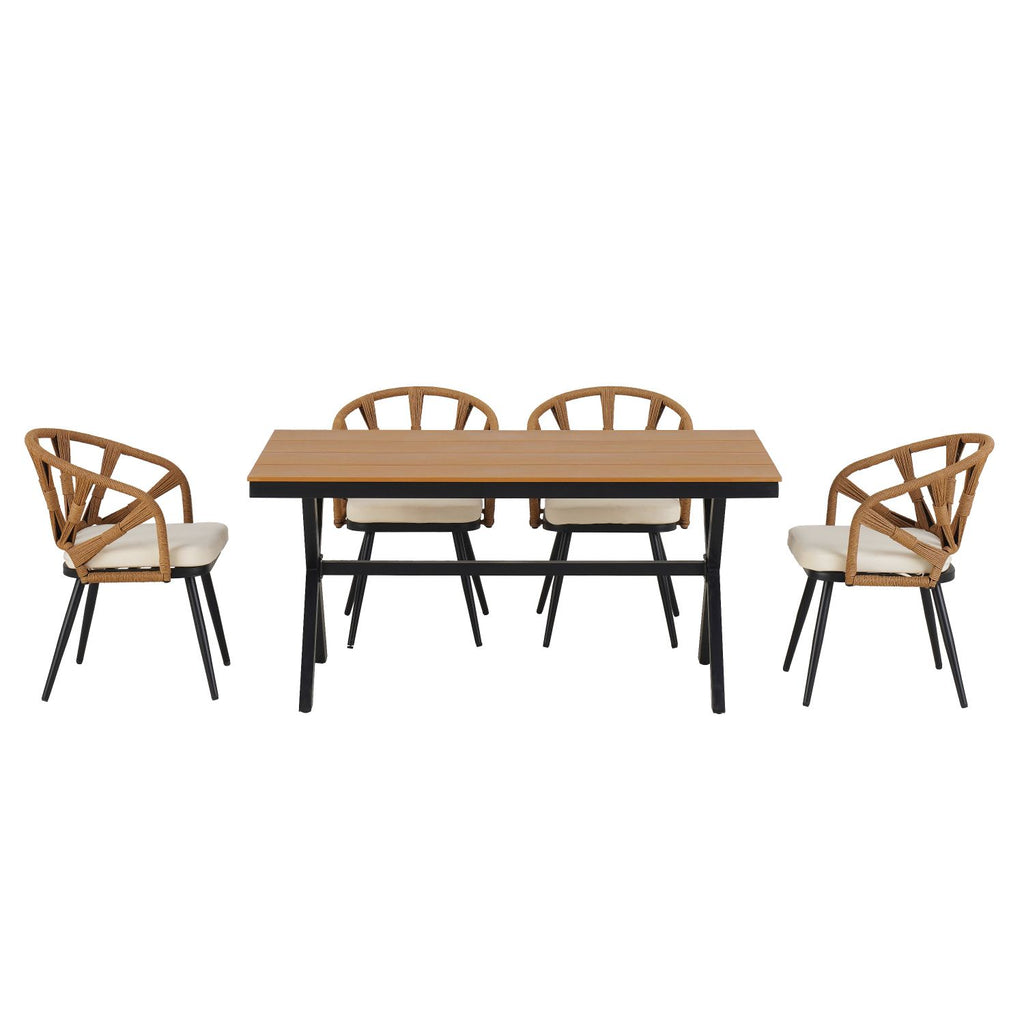U_Style Contemporary Outdoor Set with PE Rattan Chairs and Plastic Wood Table,Suitable for Gardens and Lawns