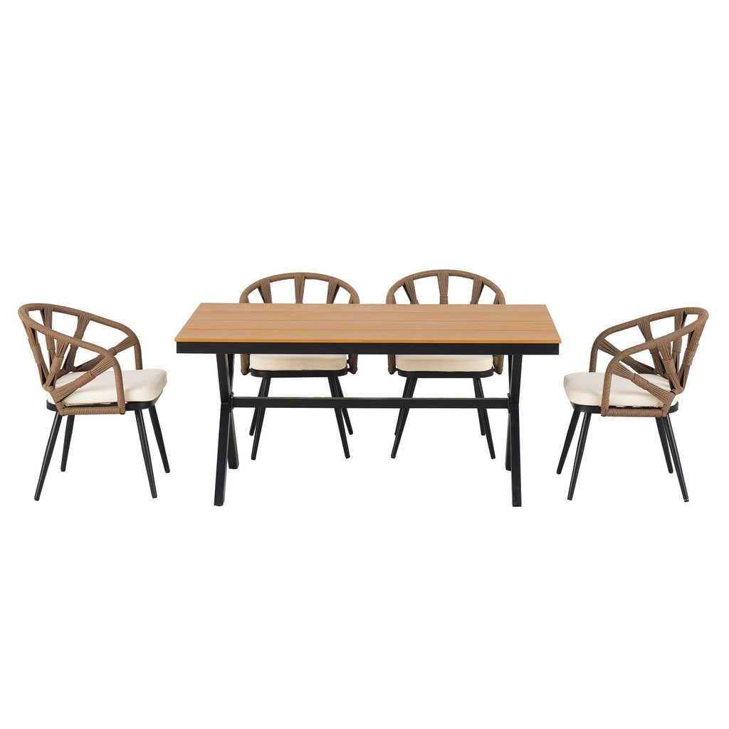 U_Style Contemporary Outdoor Set with PE Rattan Chairs and Plastic Wood Table,Suitable for Gardens and Lawns