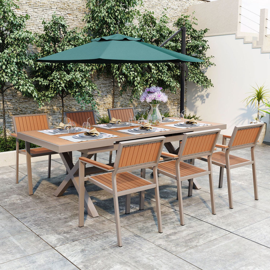 U_Style Experience Outdoor Dining Freedom with a Flexible Set Including Six Chairs and a Table that Extends from 62.9 to 82.6 Inches for Personalized Arrangements