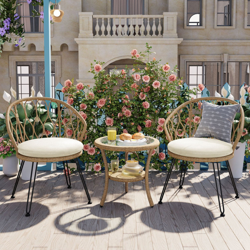 U_STYLE Outdoor Leisure Set, 2 Rattan Single Chairs with A Glass Round Table, Perfectly Suited for Patios, Balconies, and Courtyards