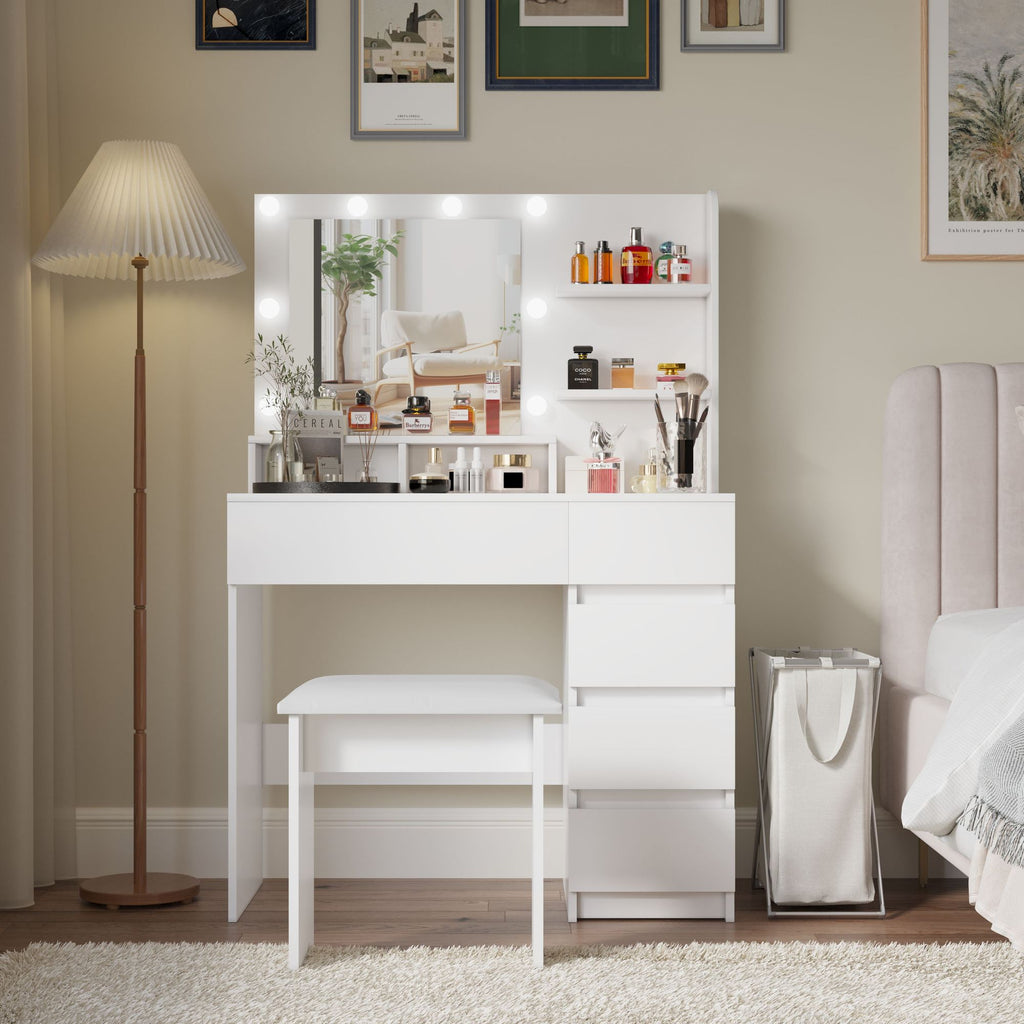 Vanity, Makeup Vanity Desk Set with Mirror & Light, Dressing Table Storage Lots with Power Strip, 3 Lighting Modes with Adjustable Brightness, 37 Inches (White with Stool)