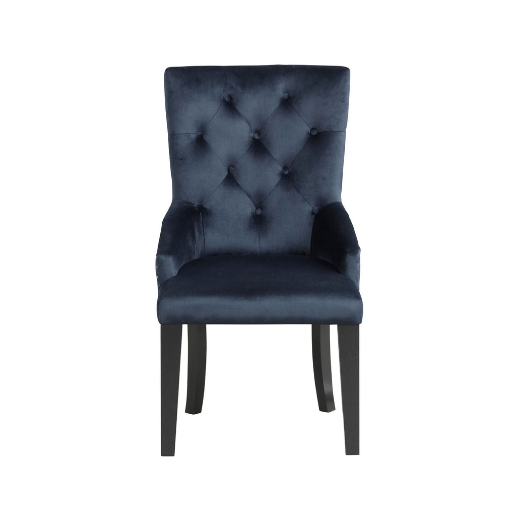 Velvet Upholstered Side Chair with Nailhead Trim, Dark Navy and Black