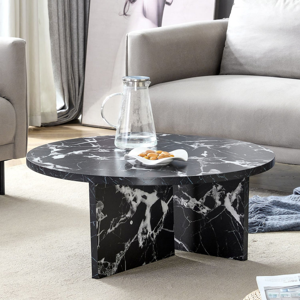 Versatile MDF Black Round Coffee Table for Various Interior Styles, Exhibiting Modern Minimalism and Nordic Charm, with Product Dimensions of 31.5*31.5*13.98 Inches.