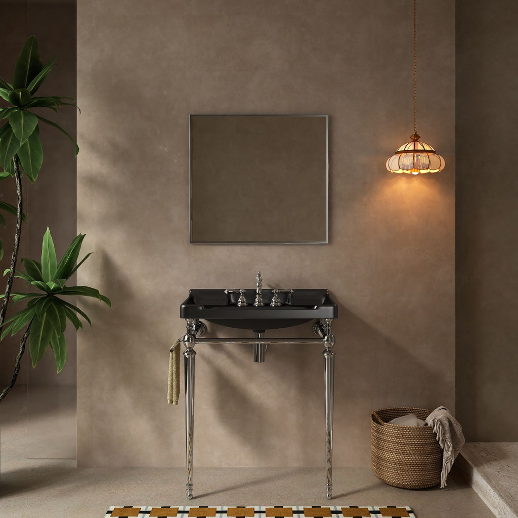 VICI 28" Bathroom Console Sink, Wall-Mounted Black Ceramic Vanity Basin with 3 Pre-drilled Faucet Holes, Freestanding Stainless Steel Support Legs with Towel Bar, No Faucet & Sink Cover, Chrome Color