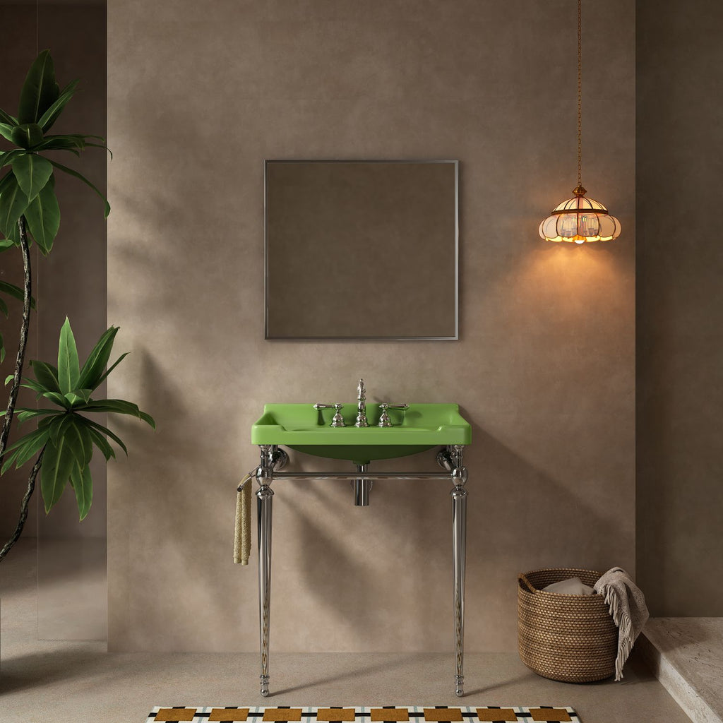 VICI 28" Bathroom Console Sink, Wall-Mounted Green Ceramic Vanity Basin with 3 Pre-drilled Faucet Holes, Freestanding Stainless Steel Support Legs with Towel Bar, No Faucet & Sink Cover, Chrome Color