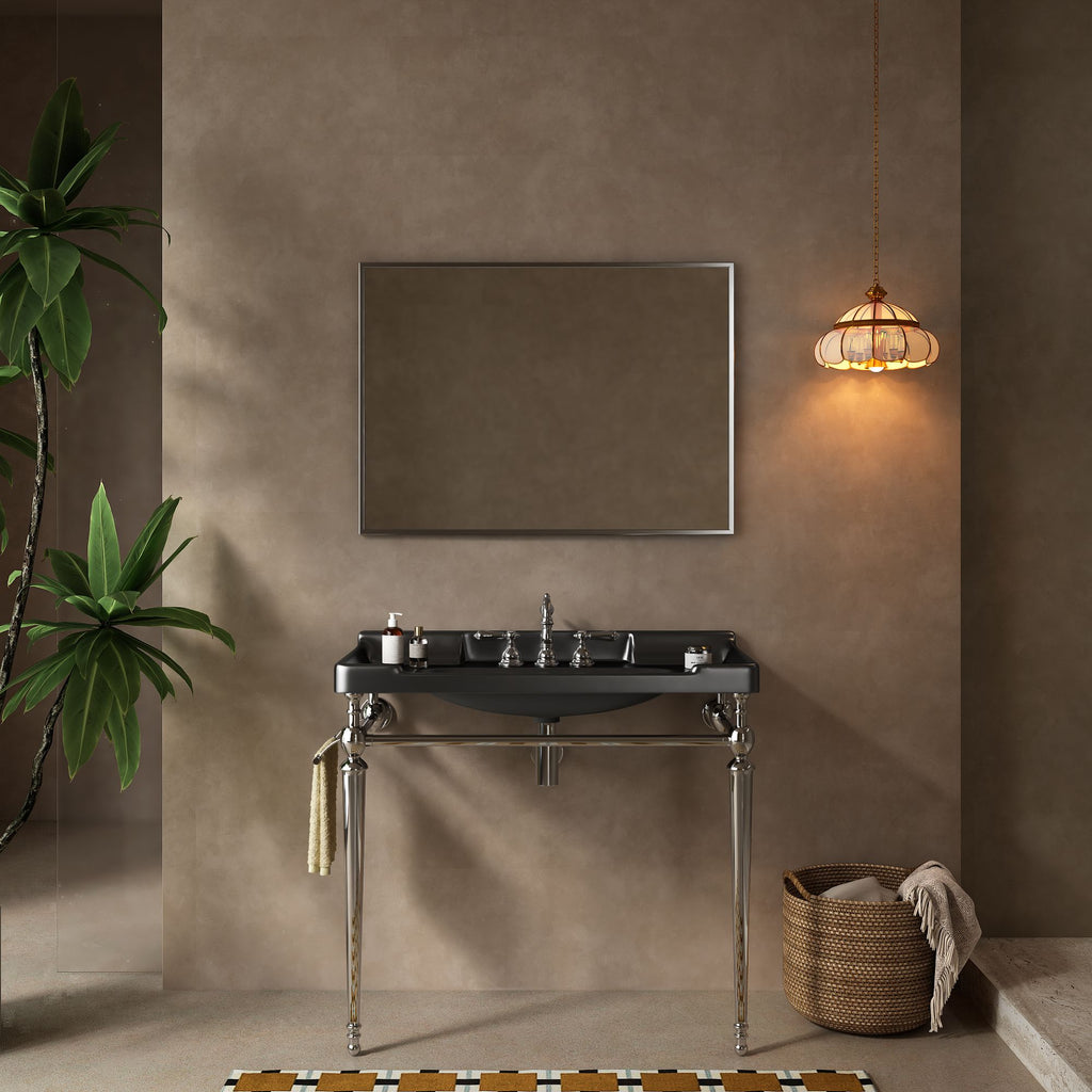 VICI 36" Bathroom Console Sink, Wall-Mounted Black Ceramic Vanity Basin with 3 Pre-drilled Faucet Holes, Freestanding Stainless Steel Support Legs with Towel Bar, No Faucet & Sink Cover, Chrome Color