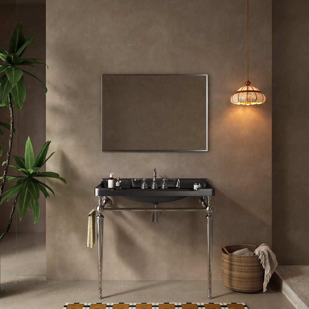 VICI 36" Bathroom Console Sink, Wall-Mounted Black Ceramic Vanity Basin with 3 Pre-drilled Faucet Holes, Freestanding Stainless Steel Support Legs with Towel Bar, No Faucet & Sink Cover, Chrome Color