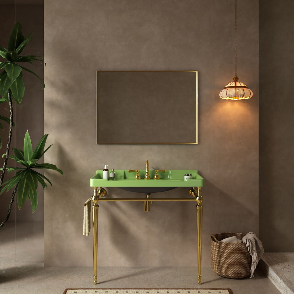 VICI 36" Bathroom Console Sink, Wall-Mounted Green Ceramic Vanity Basin with 3 Pre-drilled Faucet Holes, Freestanding Stainless Steel Support Legs with Towel Bar, No Faucet & Sink Cover, Gold Color