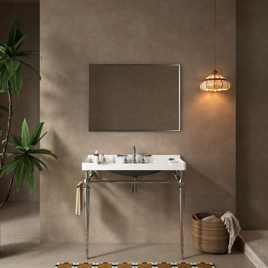 VICI 36" Bathroom Console Sink, Wall-Mounted White Ceramic Vanity Basin with 3 Pre-drilled Faucet Holes, Freestanding Stainless Steel Support Legs with Towel Bar, No Faucet & Sink Cover, Chrome Color