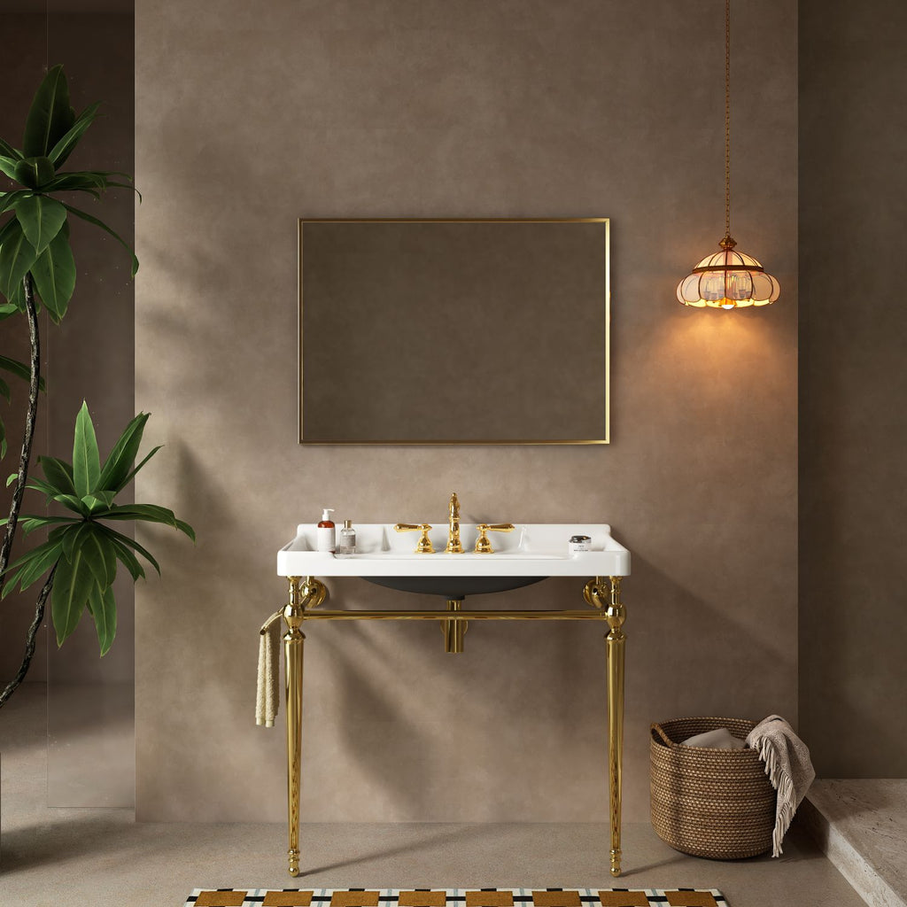 VICI 36" Bathroom Console Sink, Wall-Mounted White Ceramic Vanity Basin with 3 Pre-drilled Faucet Holes, Freestanding Stainless Steel Support Legs with Towel Bar, No Faucet & Sink Cover, Gold Color