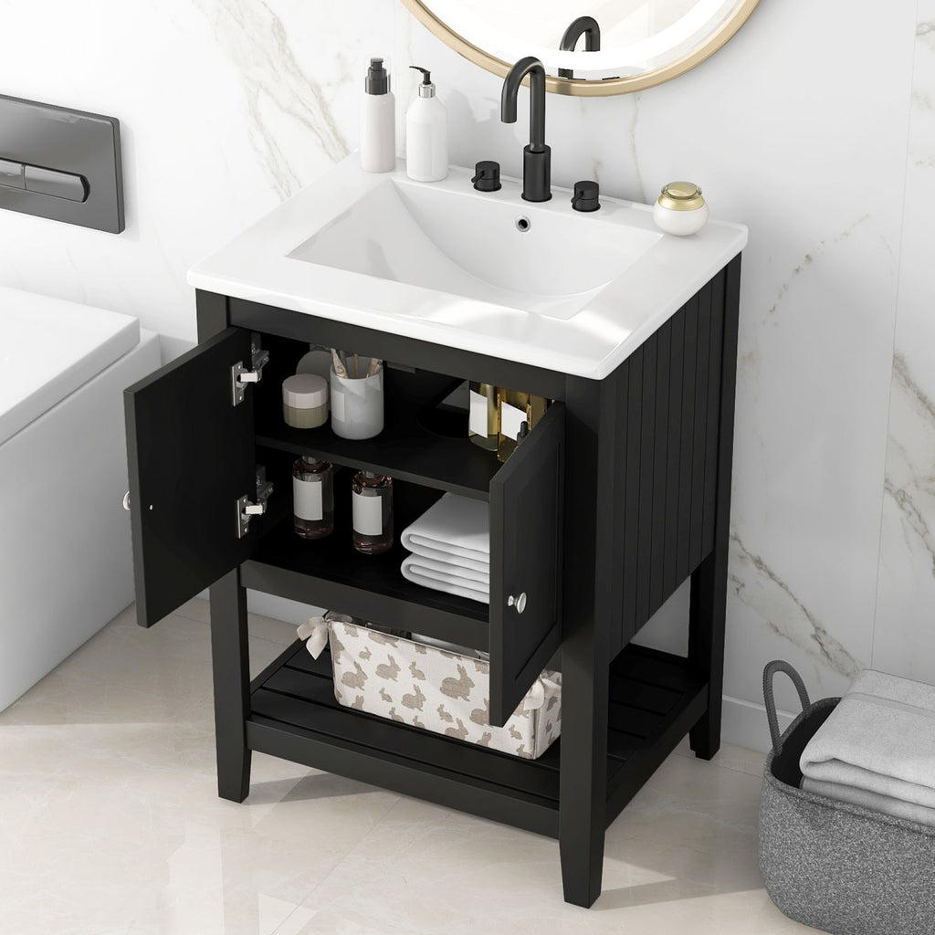 [VIDEO] 24" Black Modern Sleek Bathroom Vanity Elegant Ceramic Sink with Solid Wood Frame Open Style Shelf (Old Sku:N725P170597B)