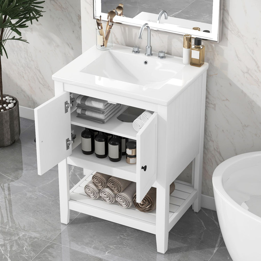 [VIDEO] 24" White Modern Sleek Bathroom Vanity Elegant Ceramic Sink with Solid Wood Frame Open Style Shelf