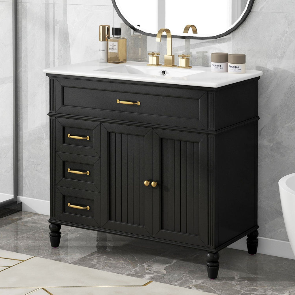 [Video] 36" Bathroom Vanity with Sink, Bathroom Cabinet with Drawers, Solid Frame and MDF Board, One Package, Black(same SKU: N725P195410B)