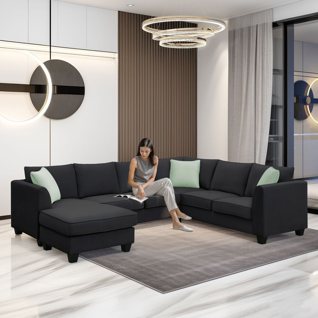 [VIDEO provided] 112*87" Sectional Sofa Couches Living Room Sets, 7 Seats Modular Sectional Sofa with Ottoman, L Shape Fabric Sofa Corner Couch Set with 3 Pillows, Black(New of GS008210AAB)