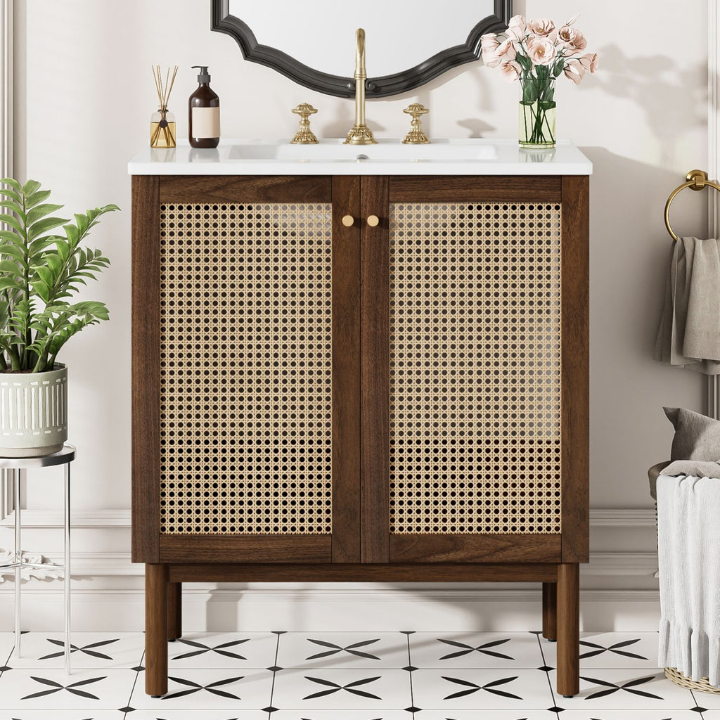 [Video]30-Inch Bathroom Vanity with Handwoven Bamboo Doors, MDF Cabinet & Soft-Close Design