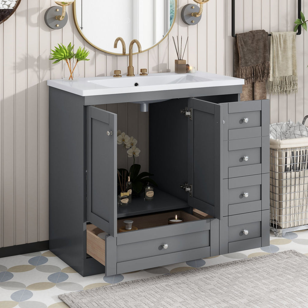 [Video]36 inch Shaker Style Free-Standing Bathroom Vanity Cabinet with Sink, 4 Soft-close Drawers and 2 Soft-close doors