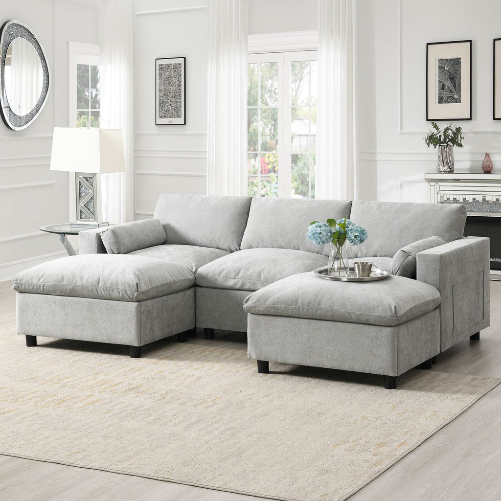[VIDEO]86.5'' Chenille Modular Sectional Sofa with Storage Pockets, 5 Seat U Shaped Couch Set with Pillows,Free Combination,Modern Cloud Sofa with 2 Movable Ottoman for Living Room,Apartment,3 Colors