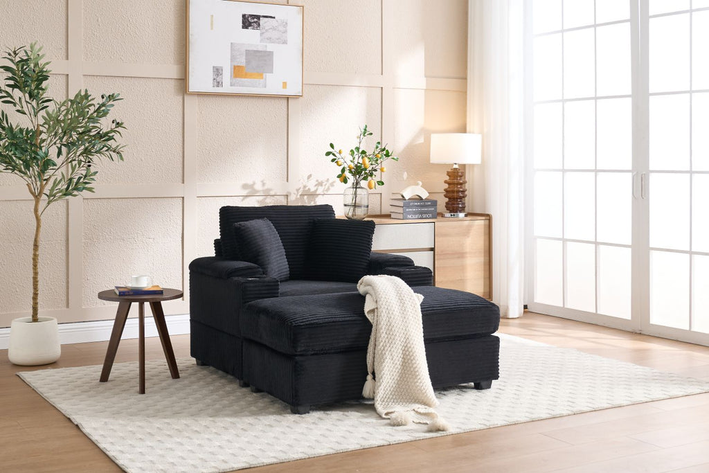 [VIDEO/New]Corduroy Upholstered Chaise Lounge Sofa with Handrail storage,Movable ottoman,Cupholders,Detachable Cushions Deep Seat for Living Room Office,5 colour,Wide stripe corduroy