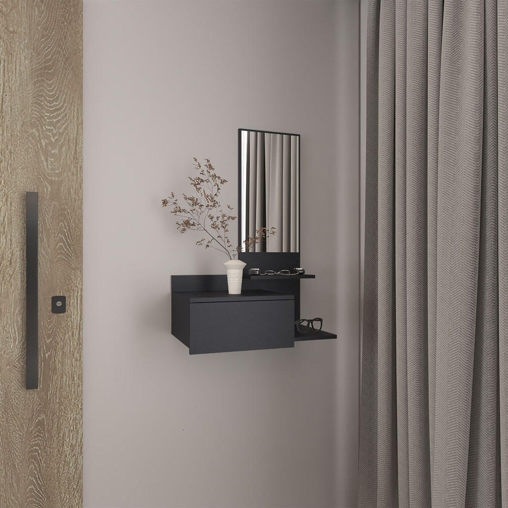 Vienna 23.6" Wide 3-Tier Shelf Floating Mirror Console Table, Full Extension Drawer Black