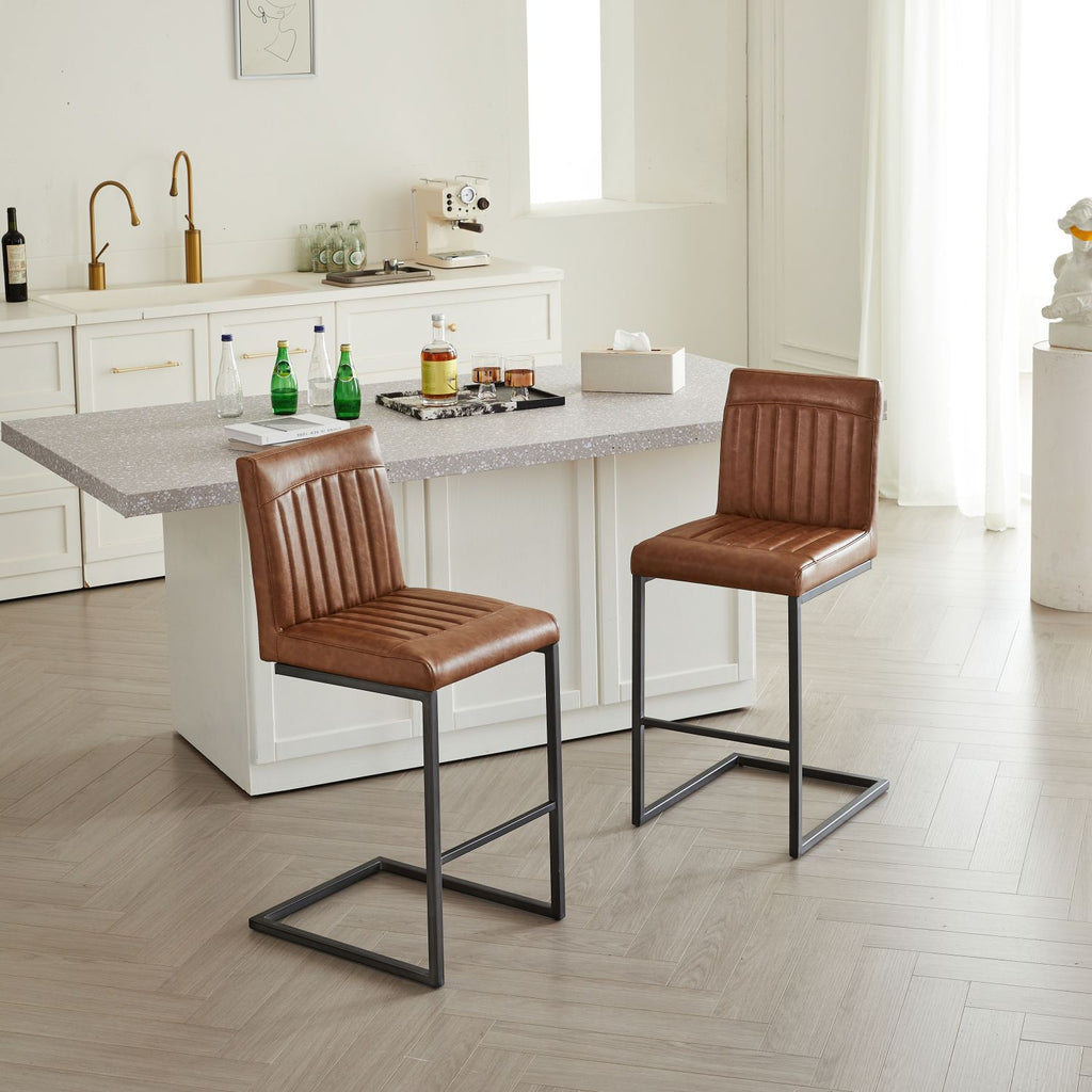 Vintage Brown Faux Leather Bar Stool - 26-Inch Counter Height, Vertical Tufted Backrest, Sturdy Black Metal Frame with Footrest for Kitchen Island & Home Bar,2 Sets
