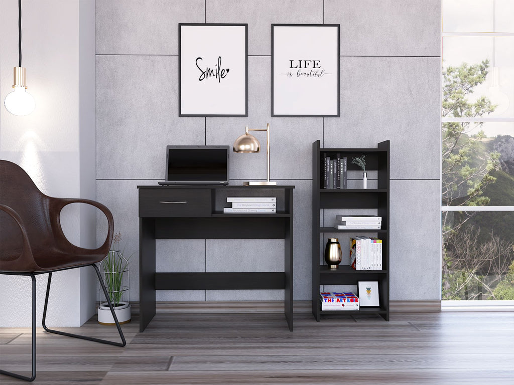 Vizcaya Home Office Set, Single Drawer, Keyboard Tray,Bookcase -Black