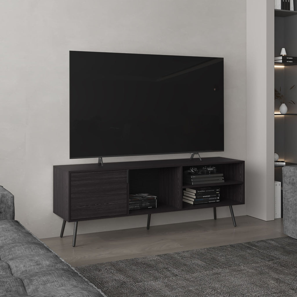 Vulcan 63" Wide Tv Stand with One Cabinet, Three Open Shelves, Cable Management, Living Room, Tv Room Black Wengue