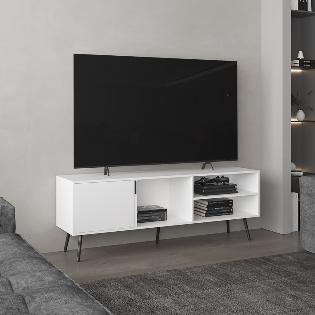 Vulcan 63" Wide Tv Stand with One Cabinet, Three Open Shelves, Cable Management, Living Room, Tv Room White