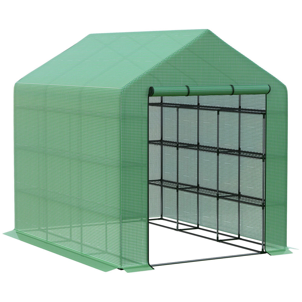 Walk-in Greenhouse for Outdoors with Roll-up Zipper Door, 18 Shelves, PE Cover, Small & Portable Build, Heavy Duty Humidity Seal, 95.25" x 70.75" x 82.75", Green