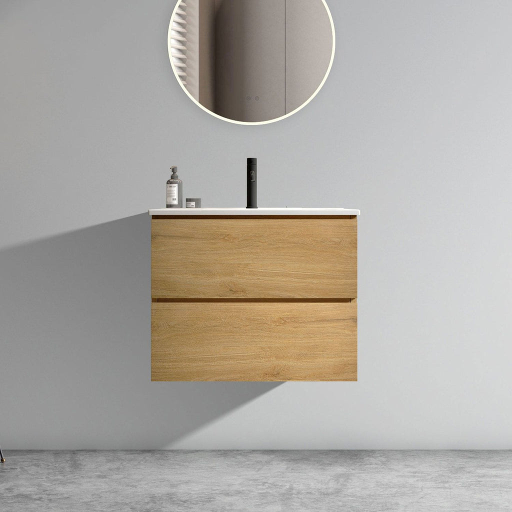 Wall Mount 24" Natural Oak Bathroom Vanity with Ceramic Sink with one faucet hole, Large Storage Floating Bathroom Vanity for Modern Bathroom, Pre-assembled