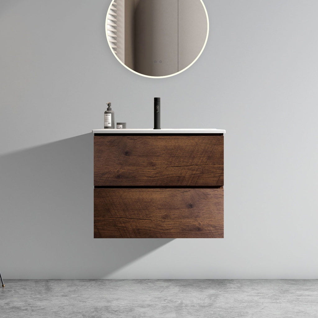 Wall Mount 24" Walnut Bathroom Vanity with Ceramic Sink with one faucet hole, Large Storage Floating Bathroom Vanity for Modern Bathroom, One-Piece Sink Basin without Drain and Faucet, Pre-assembled