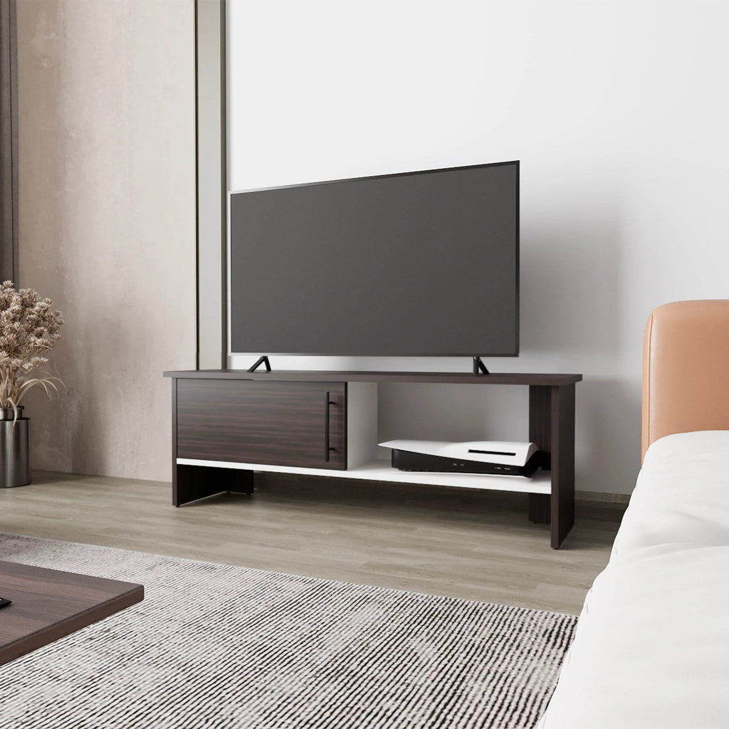 Walnut and White Entertainment Center with a Door and Open Storage