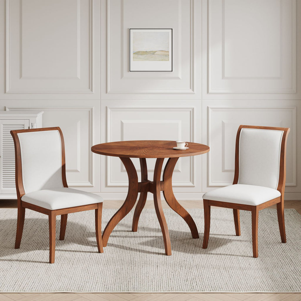 Walnut Dining Table Set:39.4" Round Table + 2 Chairs - Traditional Solid Wood Kitchen Set with Inlaid Tabletop, Elegant Curved Legs for Dining Room