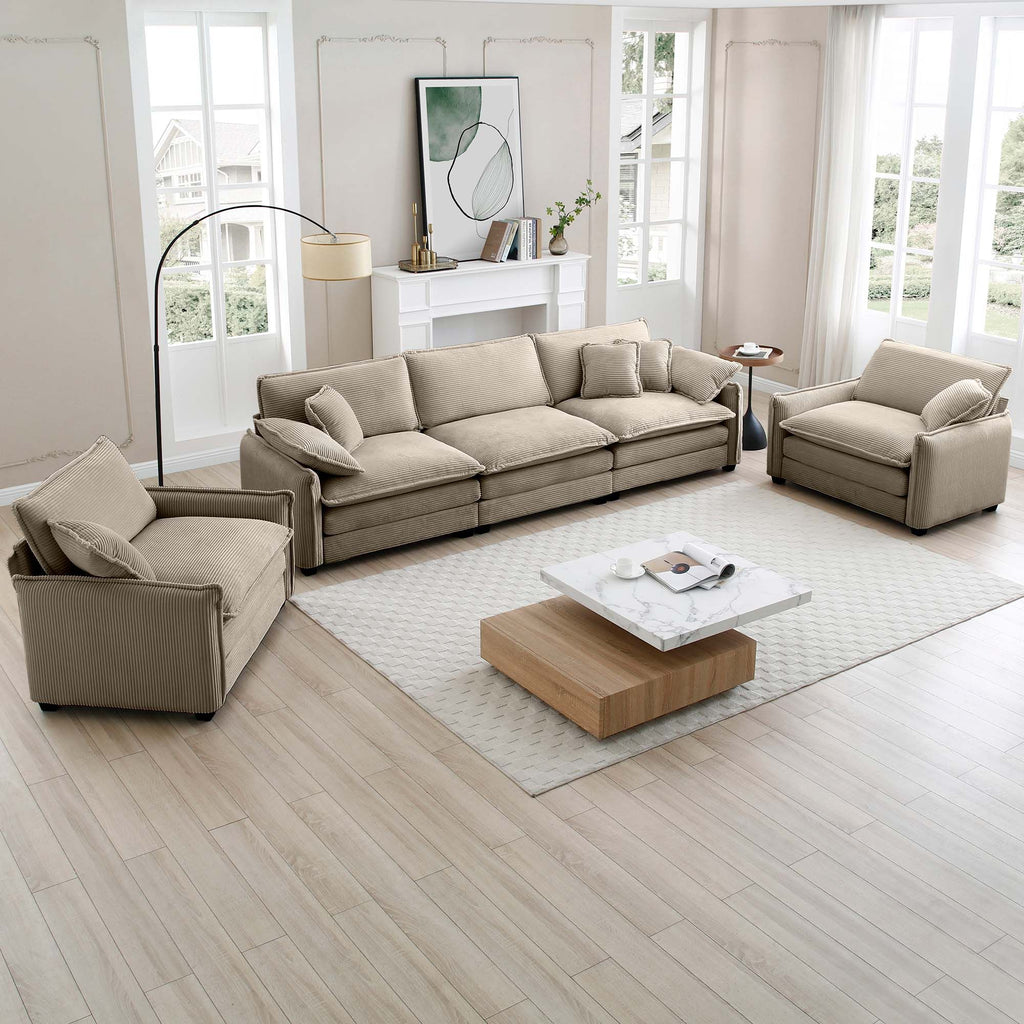 Warm and Cozy Sofa Set with Soft Cushions and Pillows, Home Theater Style Sofa Set Consisting of a 3-Seater Sofa and Two Single Sofas in Tan Corduroy Fabric