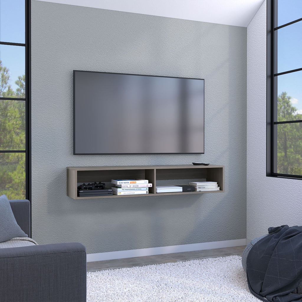 Warrior 59" Floating Tv Stand with Two open shelves, media compartments and cable management Light Gray