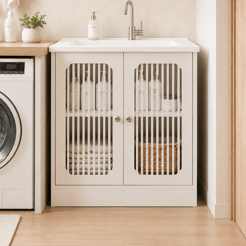 Washbasin cabinet without basin, louvered double-door floor-standing bathroom vanity and storage unit, white bathroom floor-standing storage cabinet.