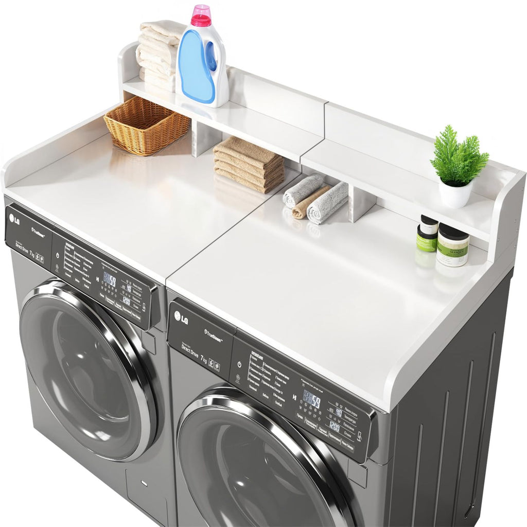 Washer Dryer Countertop, Laundry Wood Shelf Topper with Edge, 54" Width x 27.5" Depth Double Layer Organizer for Washer and Dryer Laundry Hamper Counter Storage Organization, WHITE