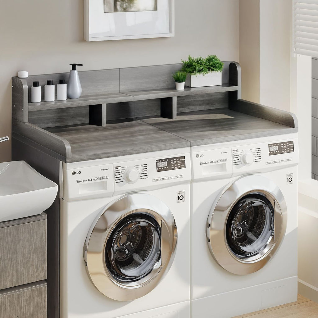 Washer Dryer Countertop with Non-slip Pads, Laundry Wood Shelf Topper with Edge, 54" Width x 27.5" Depth Double Layer Organizer for Washer and Dryer Laundry Hamper Counter Storage (GREY STRIPE)