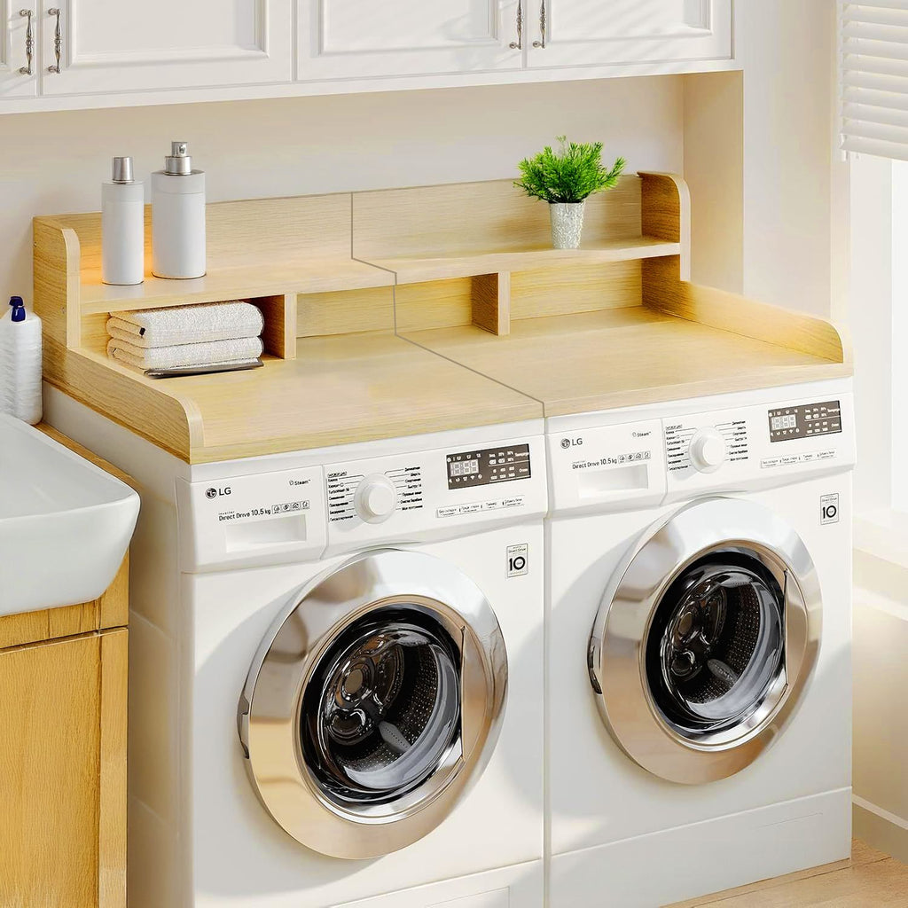 Washer Dryer Countertop with Non-slip Pads, Laundry Wood Shelf Topper with Edge, 54" Width x 27.5" Depth Double Layer Organizer for Washer and Dryer Laundry Hamper Counter Storage Organization (OAK)