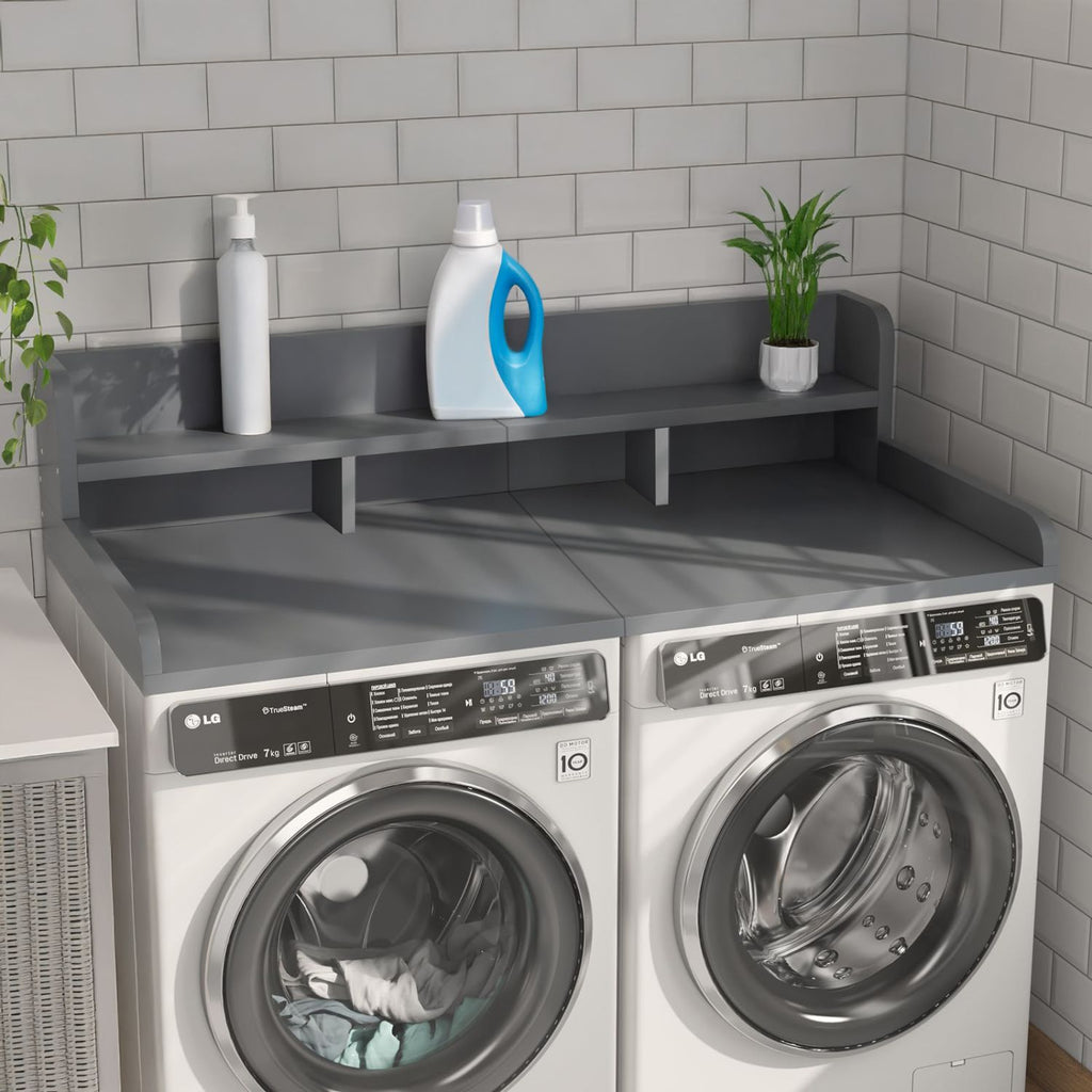 Washer Dryer Countertop with Non-slip Pads, Laundry Wood Shelf Topper with Edge, 54" Width x 27.5" Depth Double Layer Organizer for Washer and Dryer Laundry Hamper Counter Storage Organization (GREY)