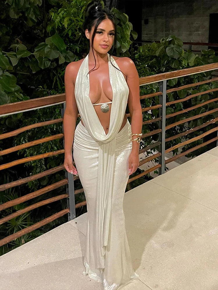 Sexy Two-Piece Women’s Set Glitter Metal Buckle Halter Tank Top and Ribbon Skirt Slim Fit Vacation Outfit