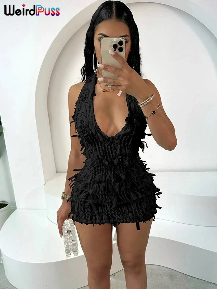 Sexy Women’s Puss Tassel Halter Dress with See-Through Design and Backless Style for Elegant Nightlife and Clubwear