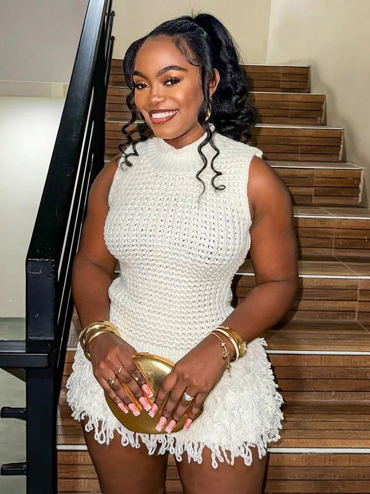 Weird Puss Crochet Dress for Women Sexy Chic Y2K Summer Trend Tassel Hem Sleeveless Bodycon Beach Vacation Clubwear